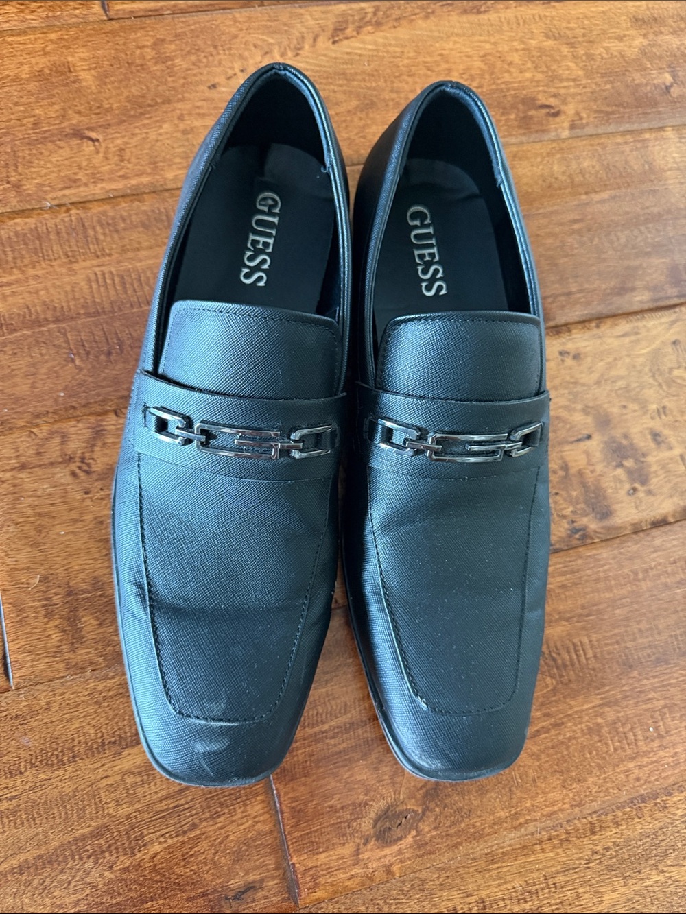 Guess Black Men's Leather Slip-On Loafers with Gunmetal Chain